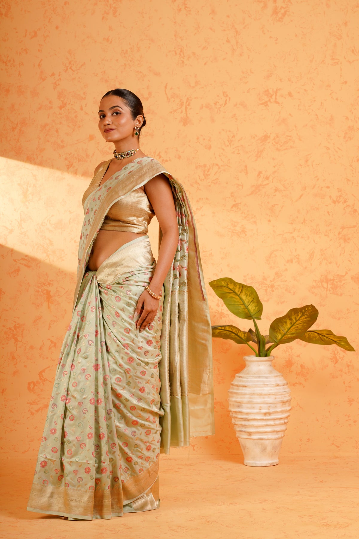 Pure Katan Silk Pista Green Meenakari Banarasi Saree – Handwoven Zari Jaal Silk with Rich Brocade Pallu