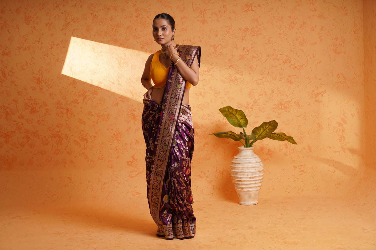 Pure Katan Silk Purple Jungla Meenakari Banarasi Saree – Handwoven Zari Floral Silk with Rich Brocade Pallu