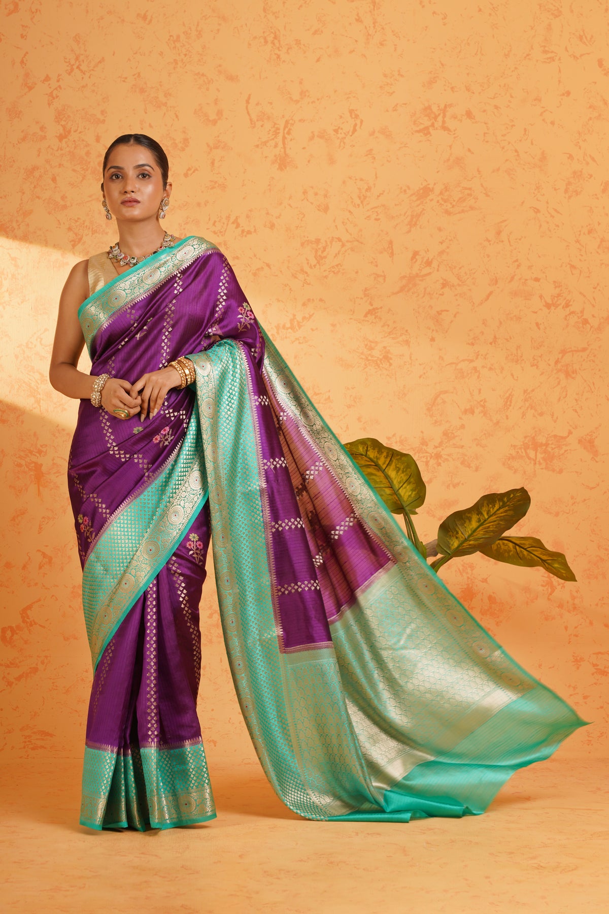 Pure Banarasi Malabar Silk Purple Zari Saree – Handwoven Vertical Stripe Silk with Banarasi Border