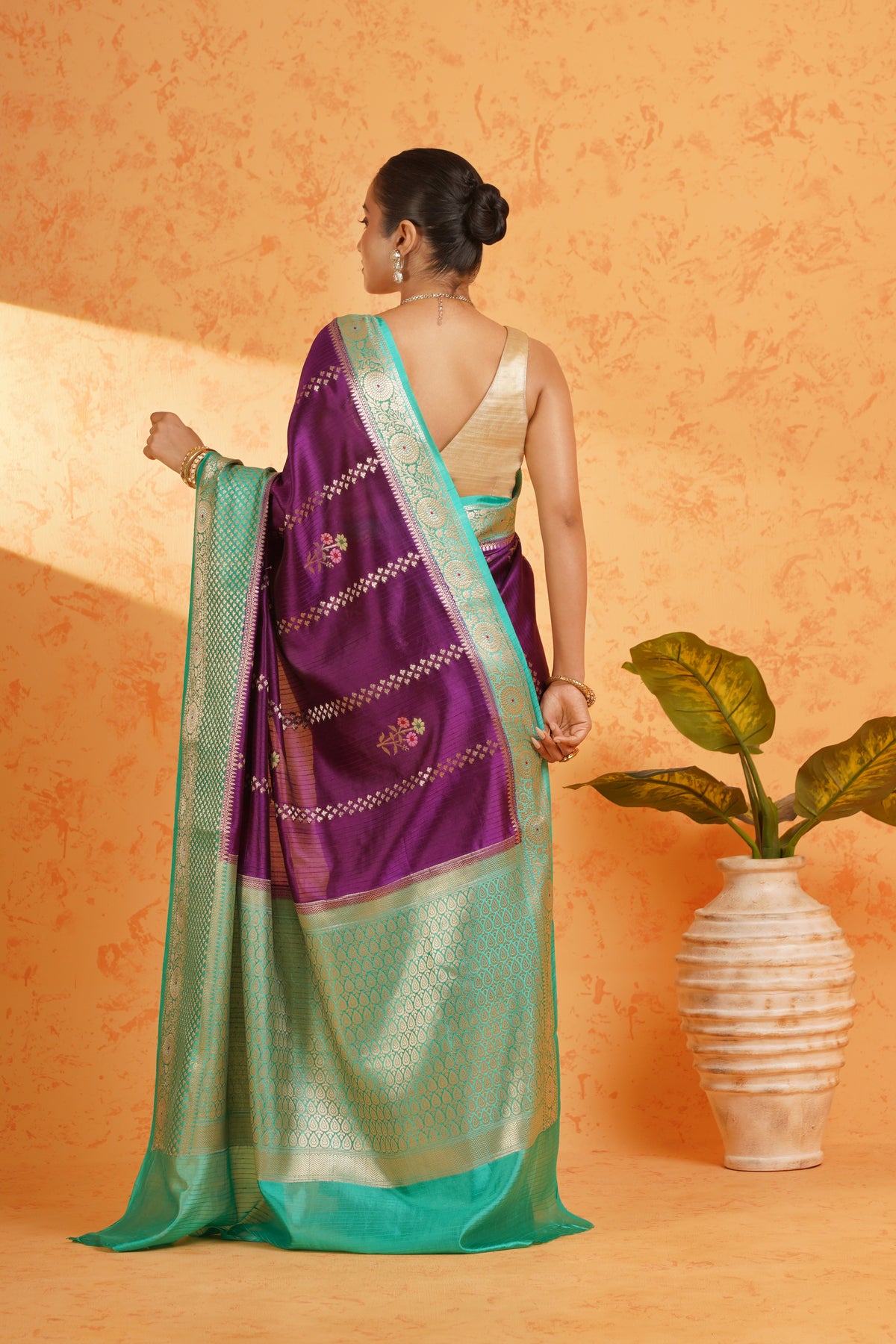 Pure Banarasi Malabar Silk Purple Zari Saree – Handwoven Vertical Stripe Silk with Banarasi Border