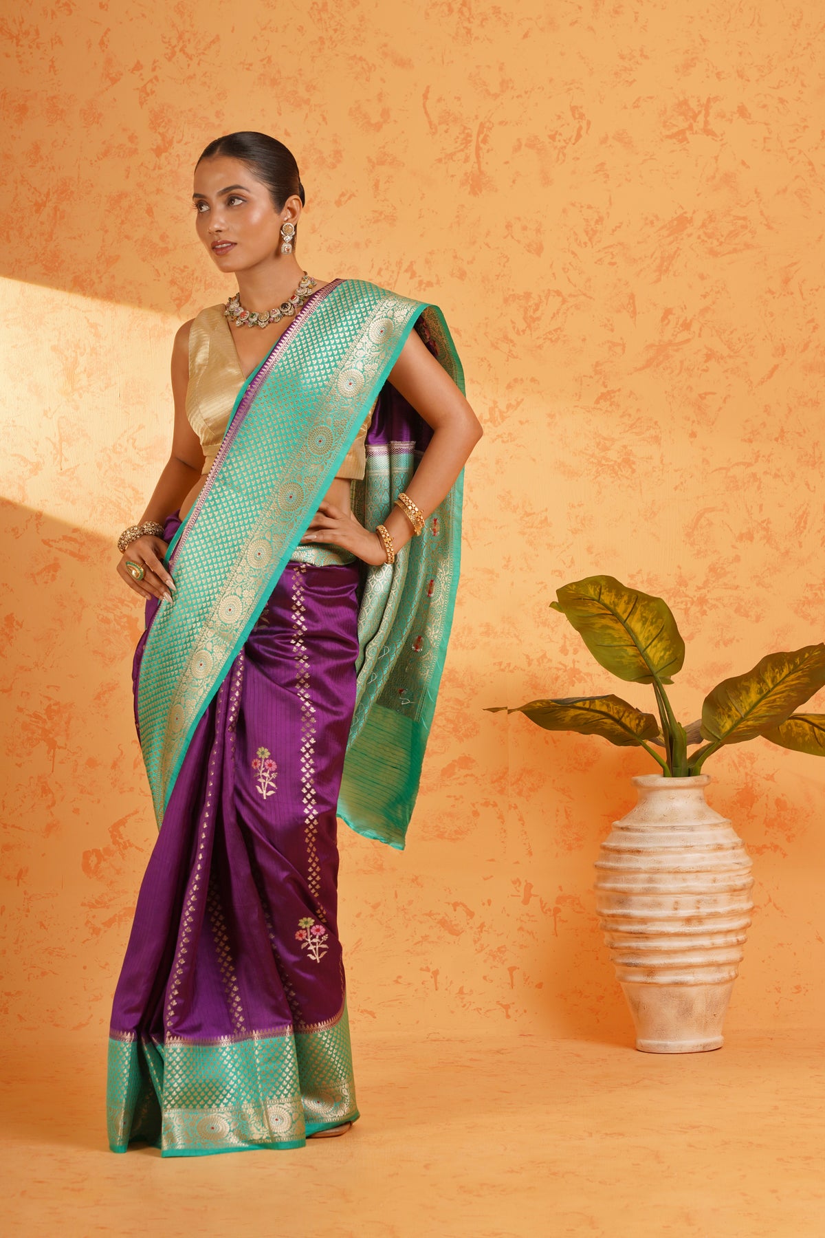 Pure Banarasi Malabar Silk Purple Zari Saree – Handwoven Vertical Stripe Silk with Banarasi Border