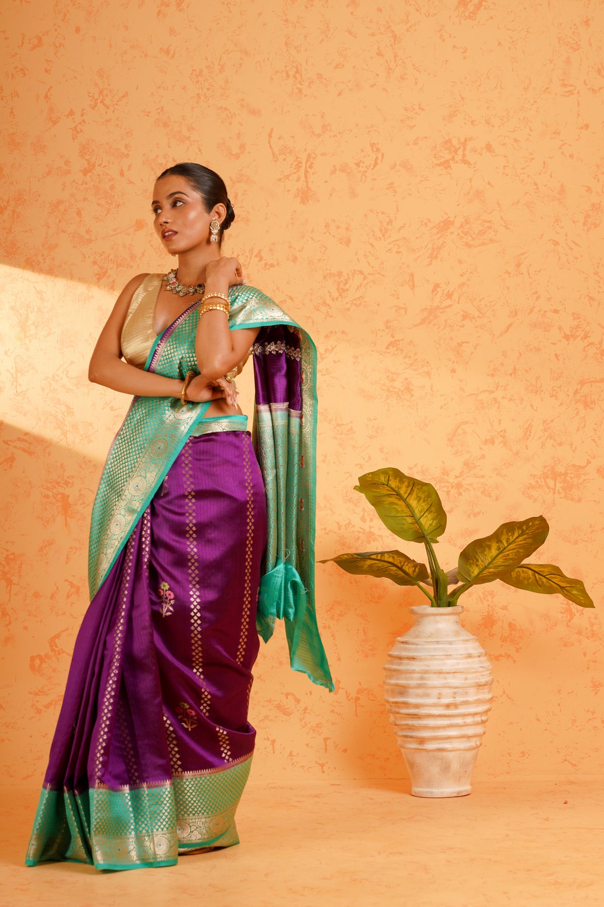 Pure Banarasi Malabar Silk Purple Zari Saree – Handwoven Vertical Stripe Silk with Banarasi Border