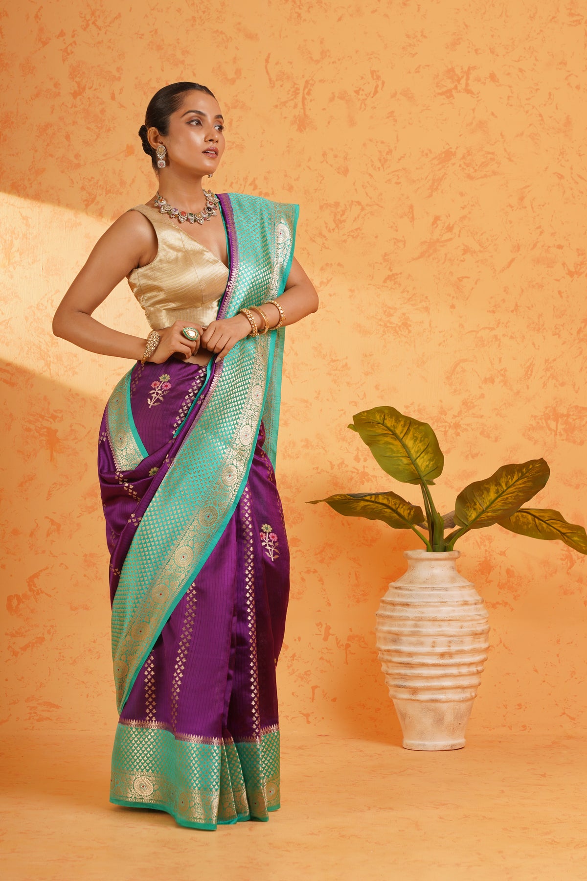 Pure Banarasi Malabar Silk Purple Zari Saree – Handwoven Vertical Stripe Silk with Banarasi Border