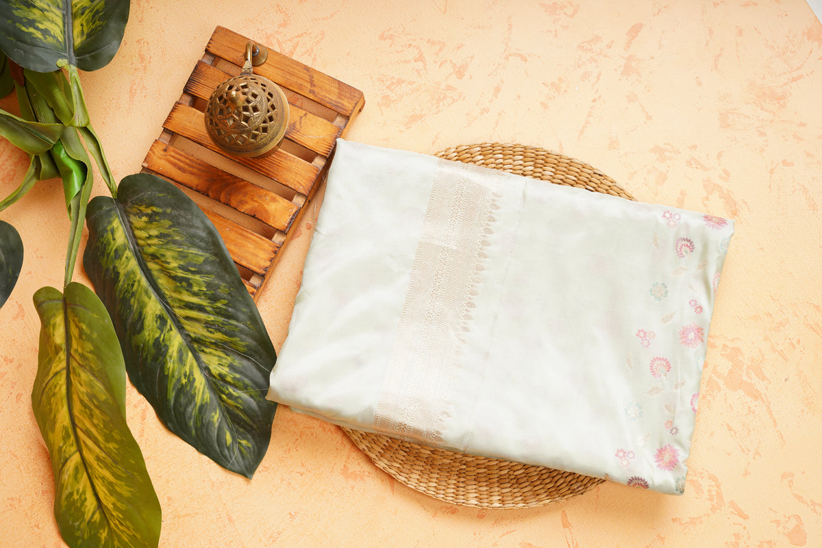 Pure Katan Silk Pista Green Meenakari Banarasi Saree – Handwoven Zari Jaal Silk with Rich Brocade Pallu