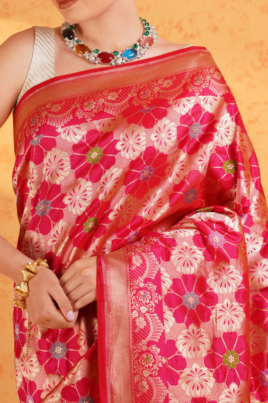 Rani Pink Pure Katan Silk Brocade Meenakari Zari Banarasi Saree