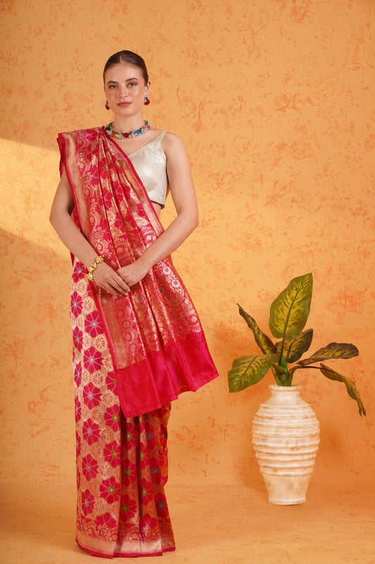 Rani Pink Pure Katan Silk Brocade Meenakari Zari Banarasi Saree