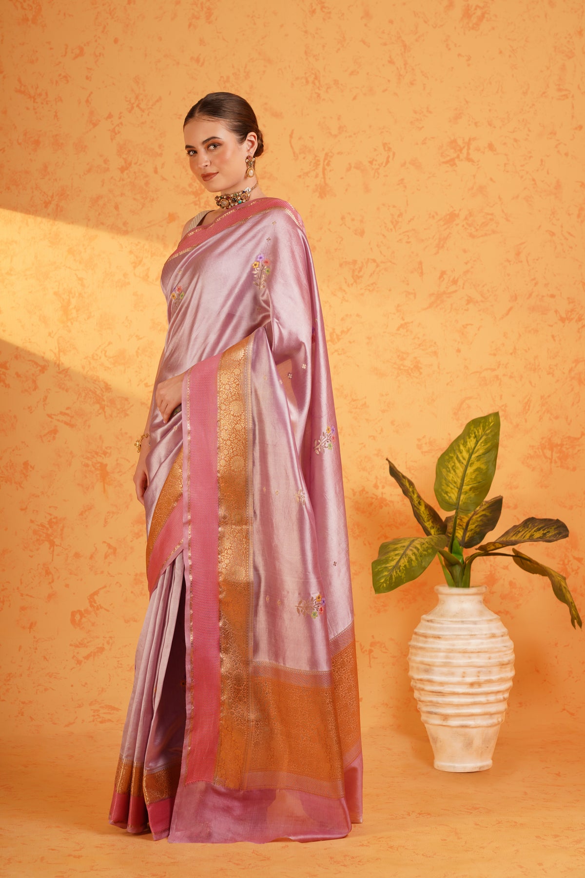 Purple mango silk banarasi saree with meenakari buti and zari border