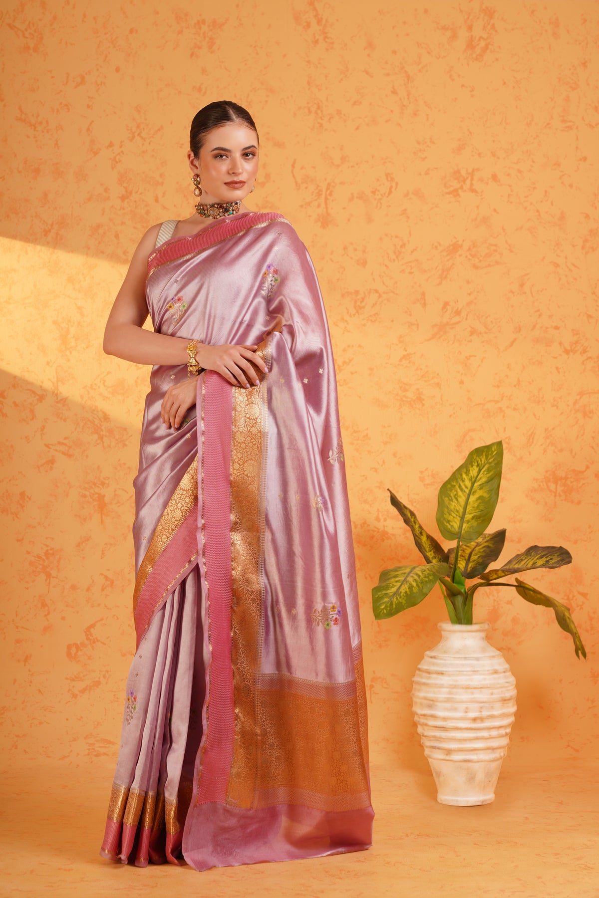 Purple mango silk banarasi saree with meenakari buti and zari border