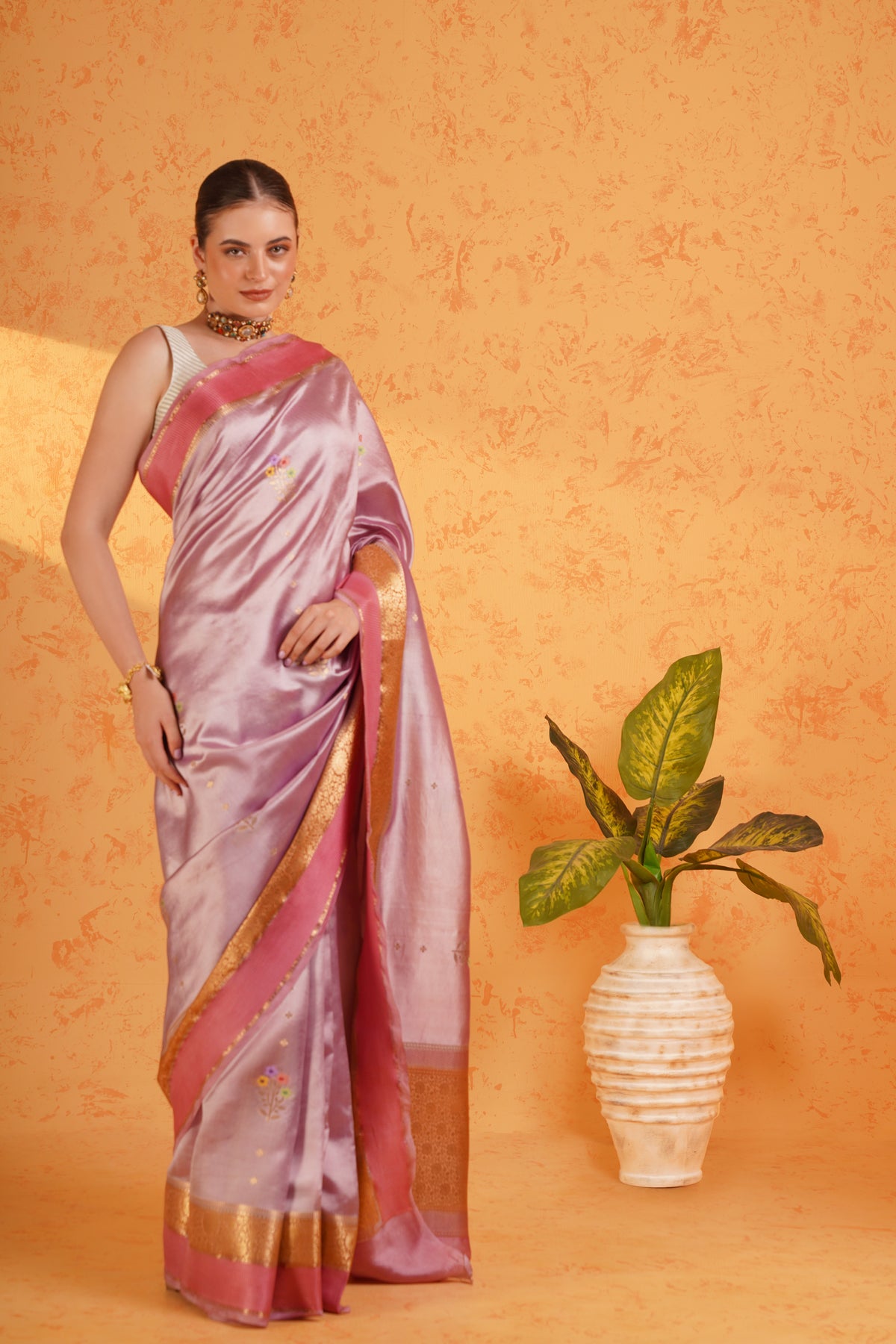 Purple mango silk banarasi saree with meenakari buti and zari border