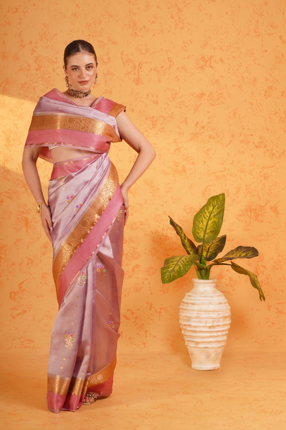 Purple mango silk banarasi saree with meenakari buti and zari border
