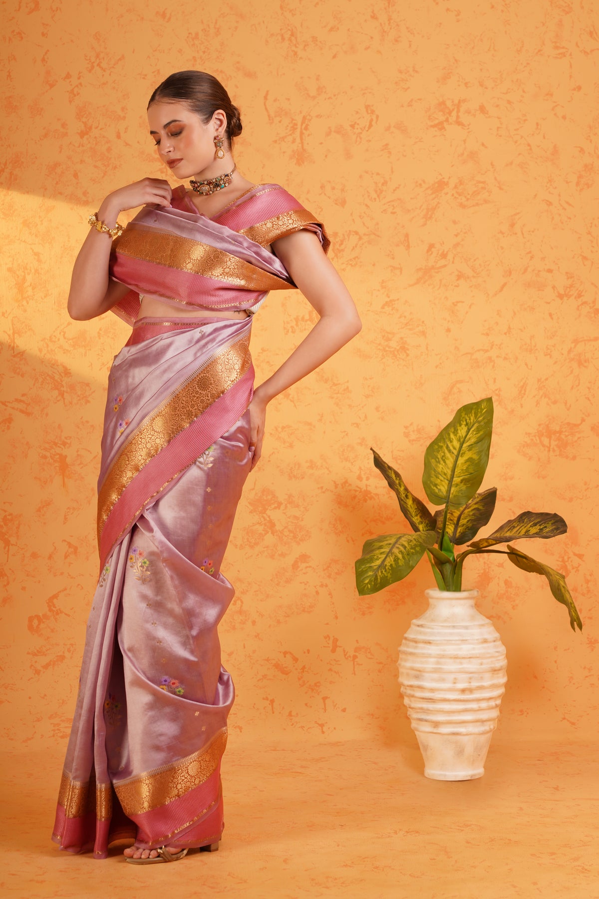 Purple mango silk banarasi saree with meenakari buti and zari border