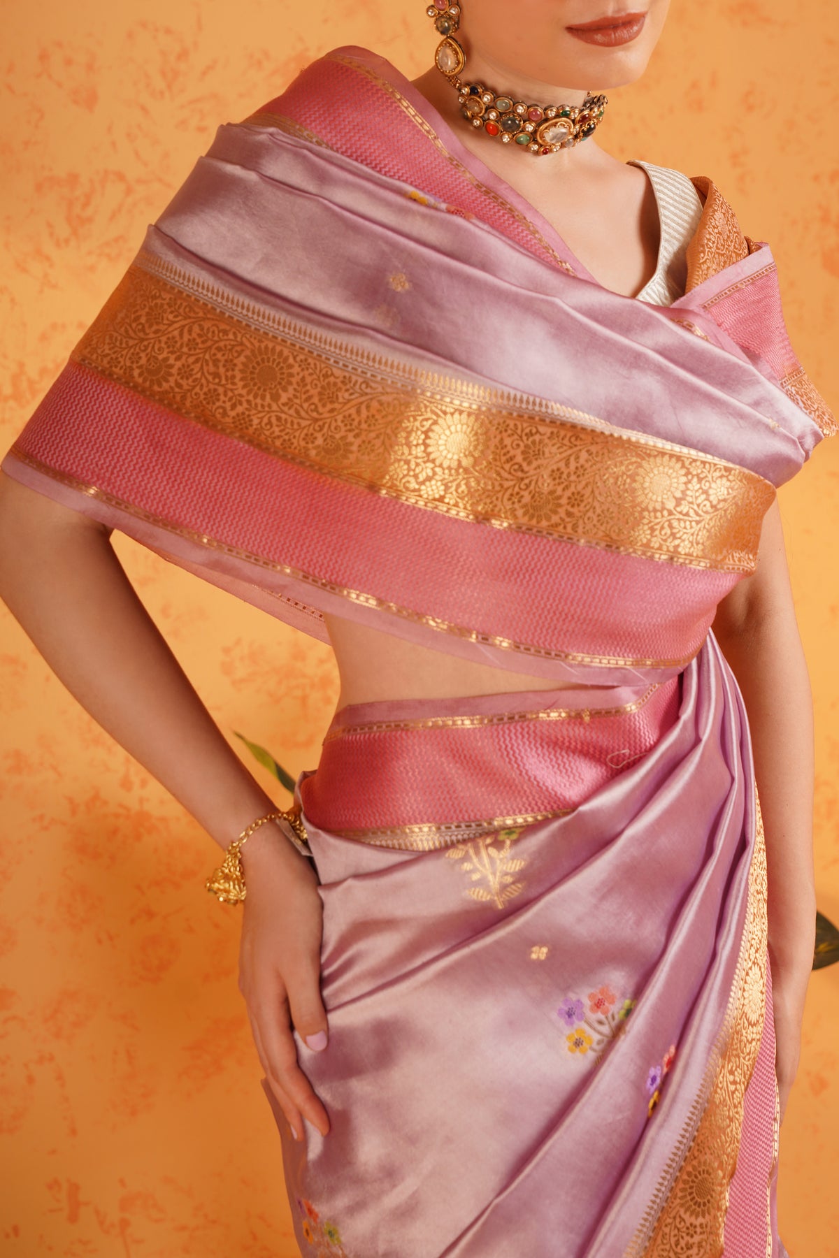 Purple mango silk banarasi saree with meenakari buti and zari border