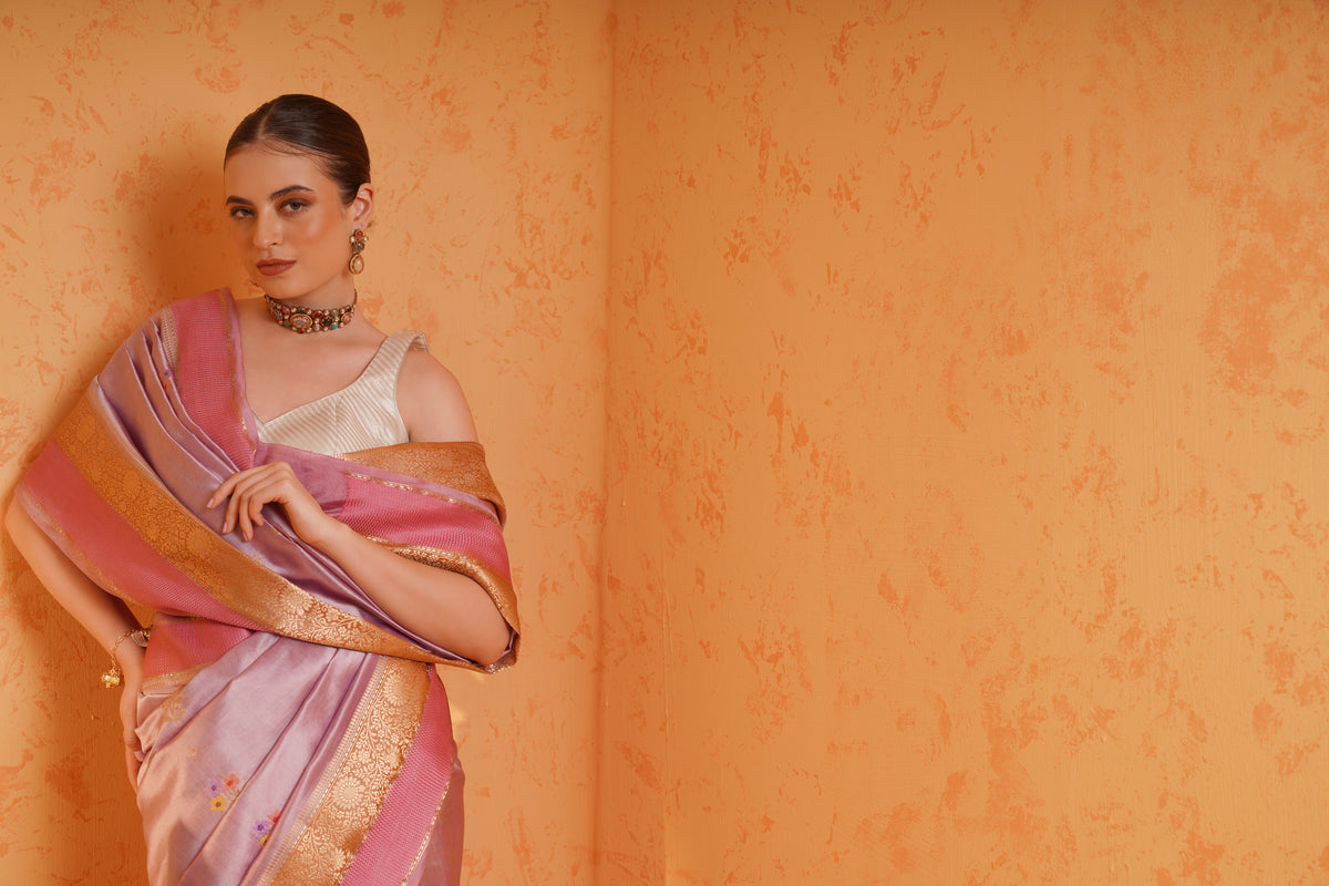 Purple mango silk banarasi saree with meenakari buti and zari border