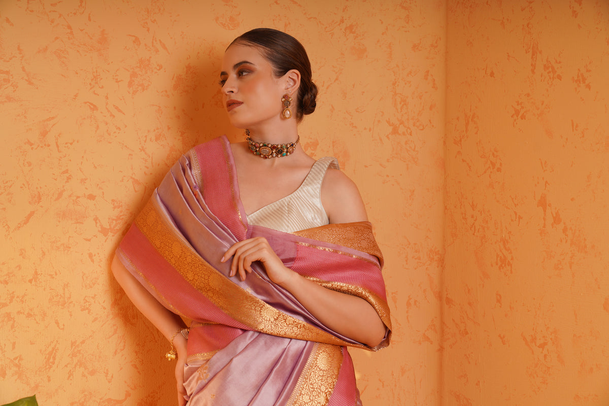 Purple mango silk banarasi saree with meenakari buti and zari border