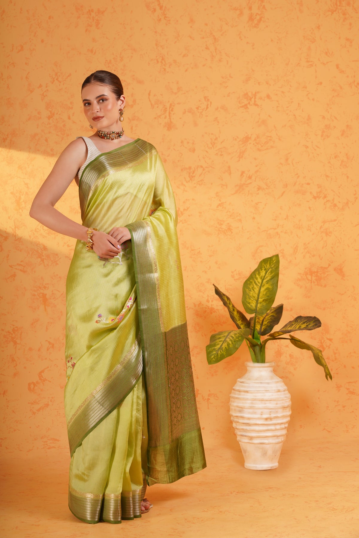 Pure Green Mango Silk Green Zari Saree – Handwoven Banarasi Cutwork Silk with Meenakari Booti & Zari Border