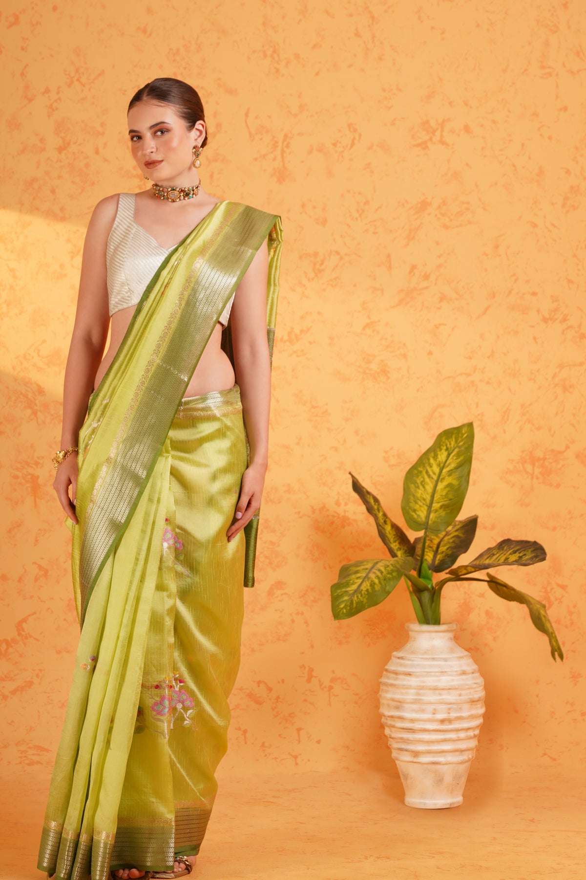 Pure Green Mango Silk Green Zari Saree – Handwoven Banarasi Cutwork Silk with Meenakari Booti & Zari Border