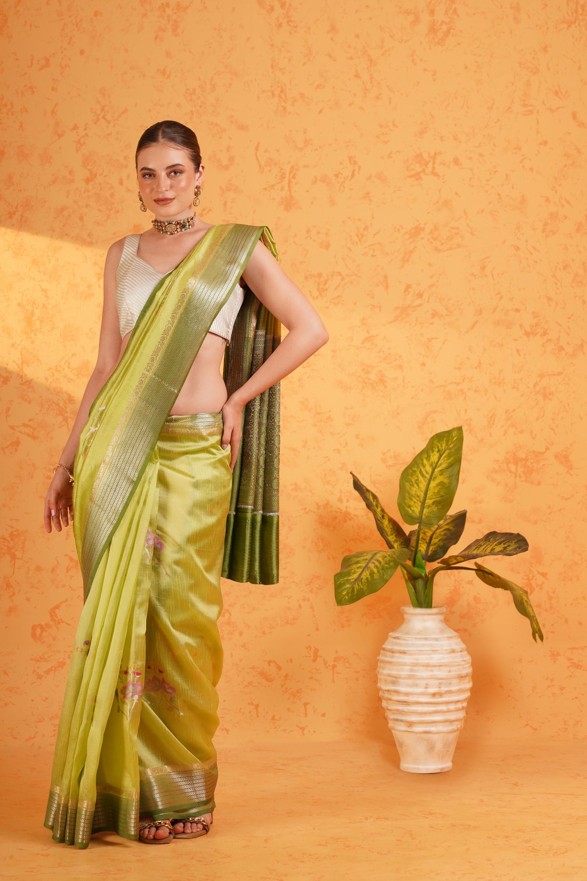 Pure Green Mango Silk Green Zari Saree – Handwoven Banarasi Cutwork Silk with Meenakari Booti & Zari Border