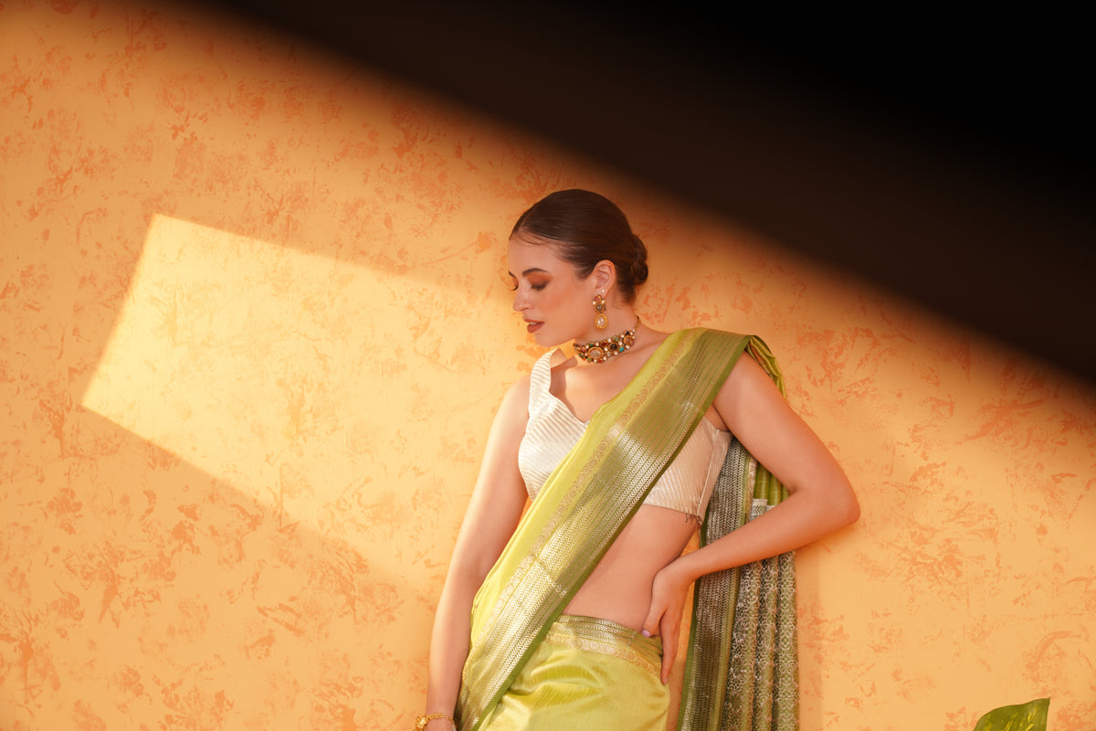 Pure Green Mango Silk Green Zari Saree – Handwoven Banarasi Cutwork Silk with Meenakari Booti & Zari Border