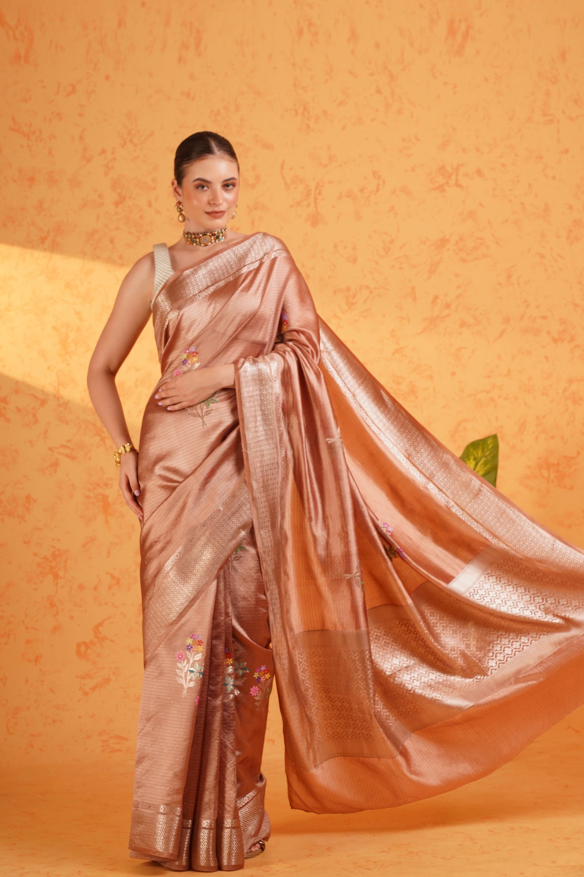 Dusty mauve mango silk banarasi saree with meenakari buti and zari border