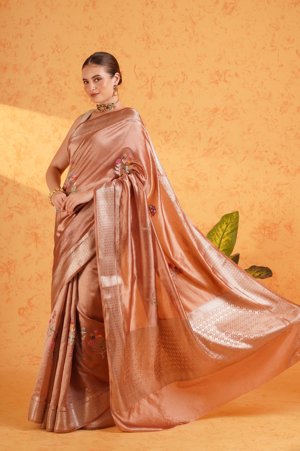 Dusty mauve mango silk banarasi saree with meenakari buti and zari border