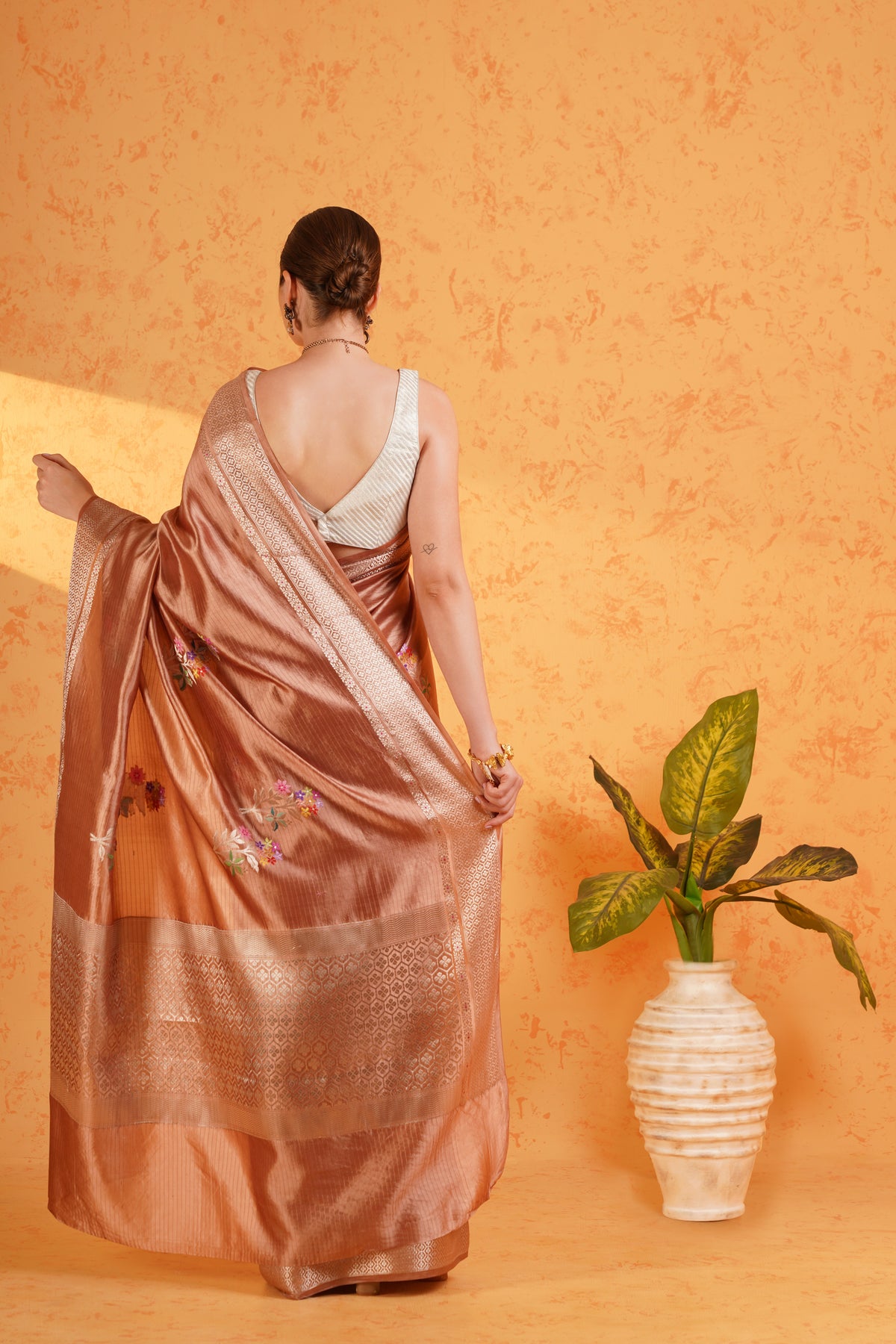 Dusty mauve mango silk banarasi saree with meenakari buti and zari border