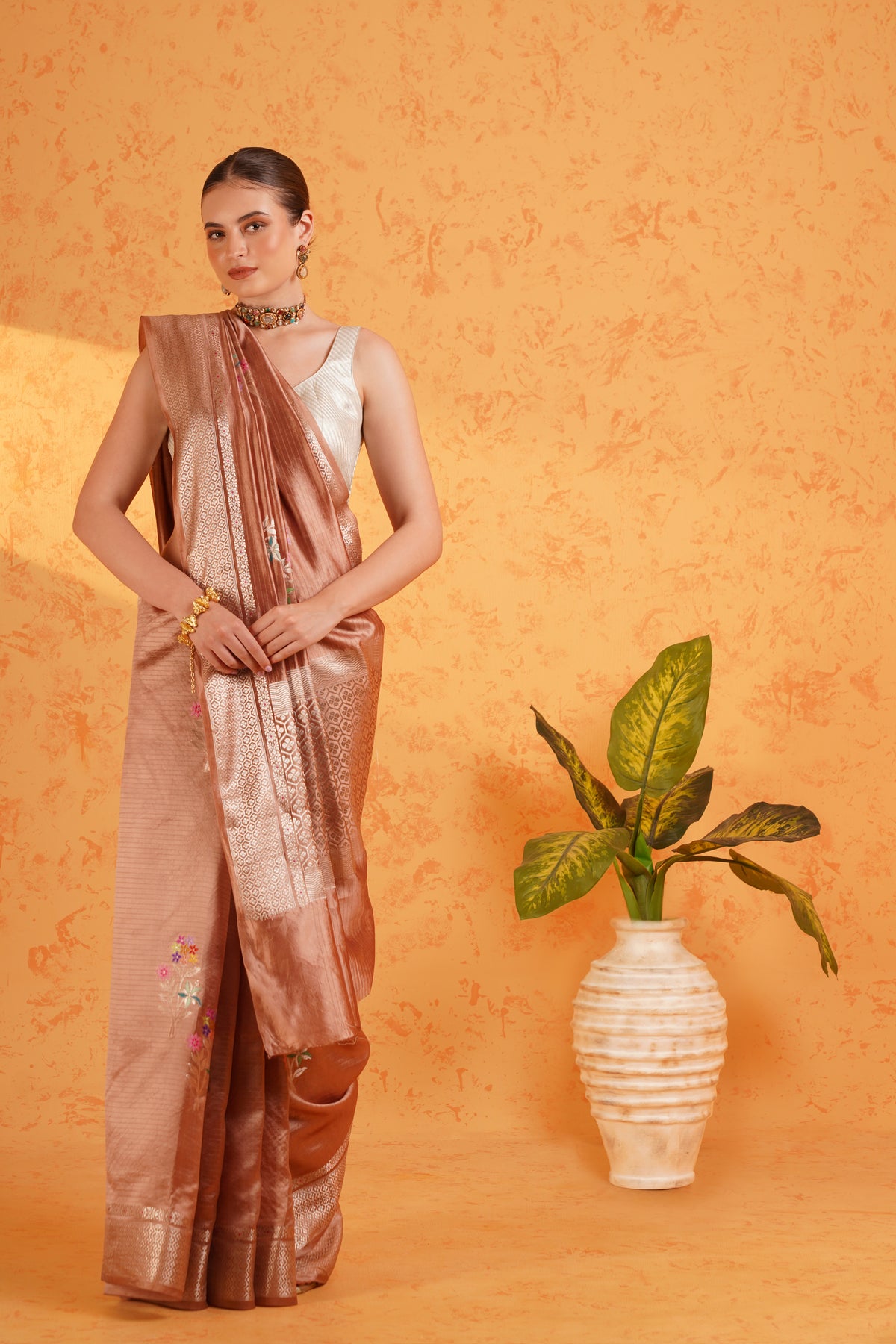 Dusty mauve mango silk banarasi saree with meenakari buti and zari border