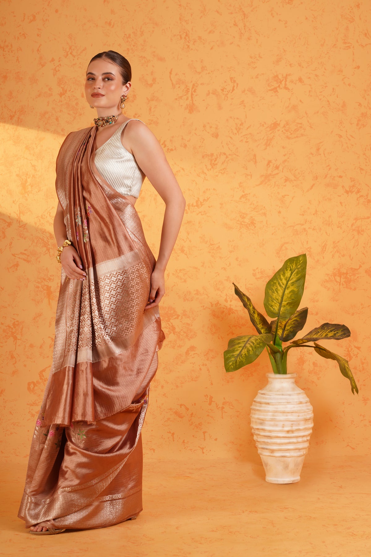 Dusty mauve mango silk banarasi saree with meenakari buti and zari border