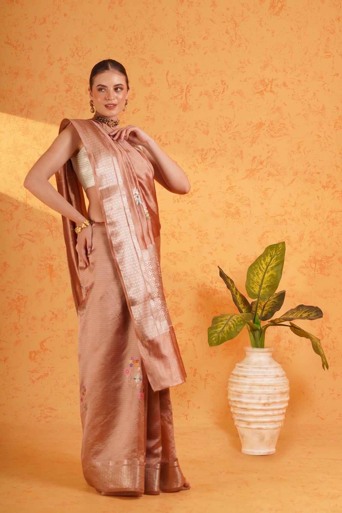 Dusty mauve mango silk banarasi saree with meenakari buti and zari border