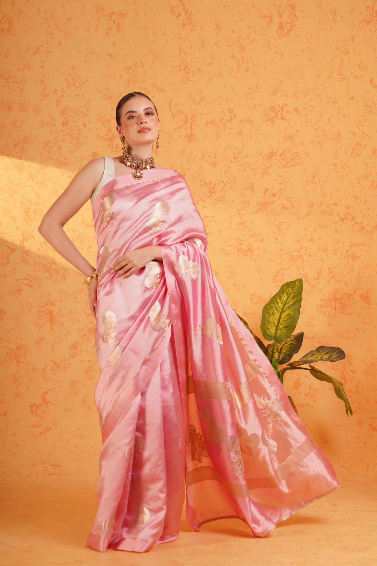 Pure Mango Silk Pink Zari Saree - Handwoven Banarasi Cutwork Silk Saree with Sona Rupa Boota and Satin Border