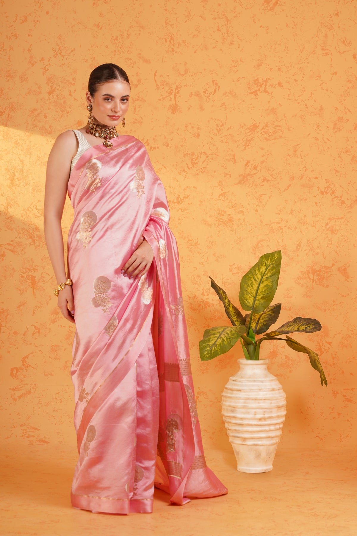 Pure Mango Silk Pink Zari Saree - Handwoven Banarasi Cutwork Silk Saree with Sona Rupa Boota and Satin Border