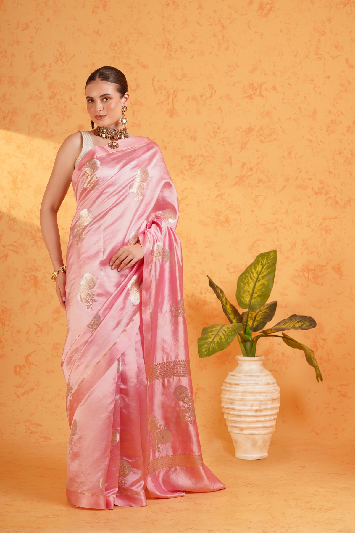 Pure Mango Silk Pink Zari Saree - Handwoven Banarasi Cutwork Silk Saree with Sona Rupa Boota and Satin Border