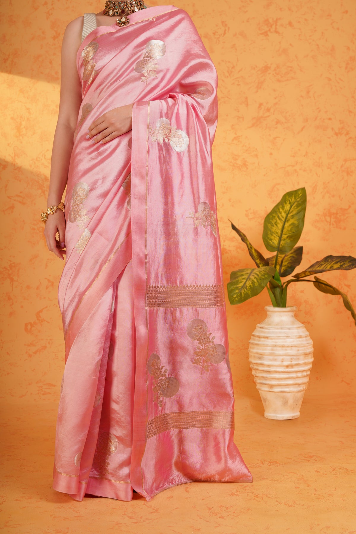 Pure Mango Silk Pink Zari Saree - Handwoven Banarasi Cutwork Silk Saree with Sona Rupa Boota and Satin Border