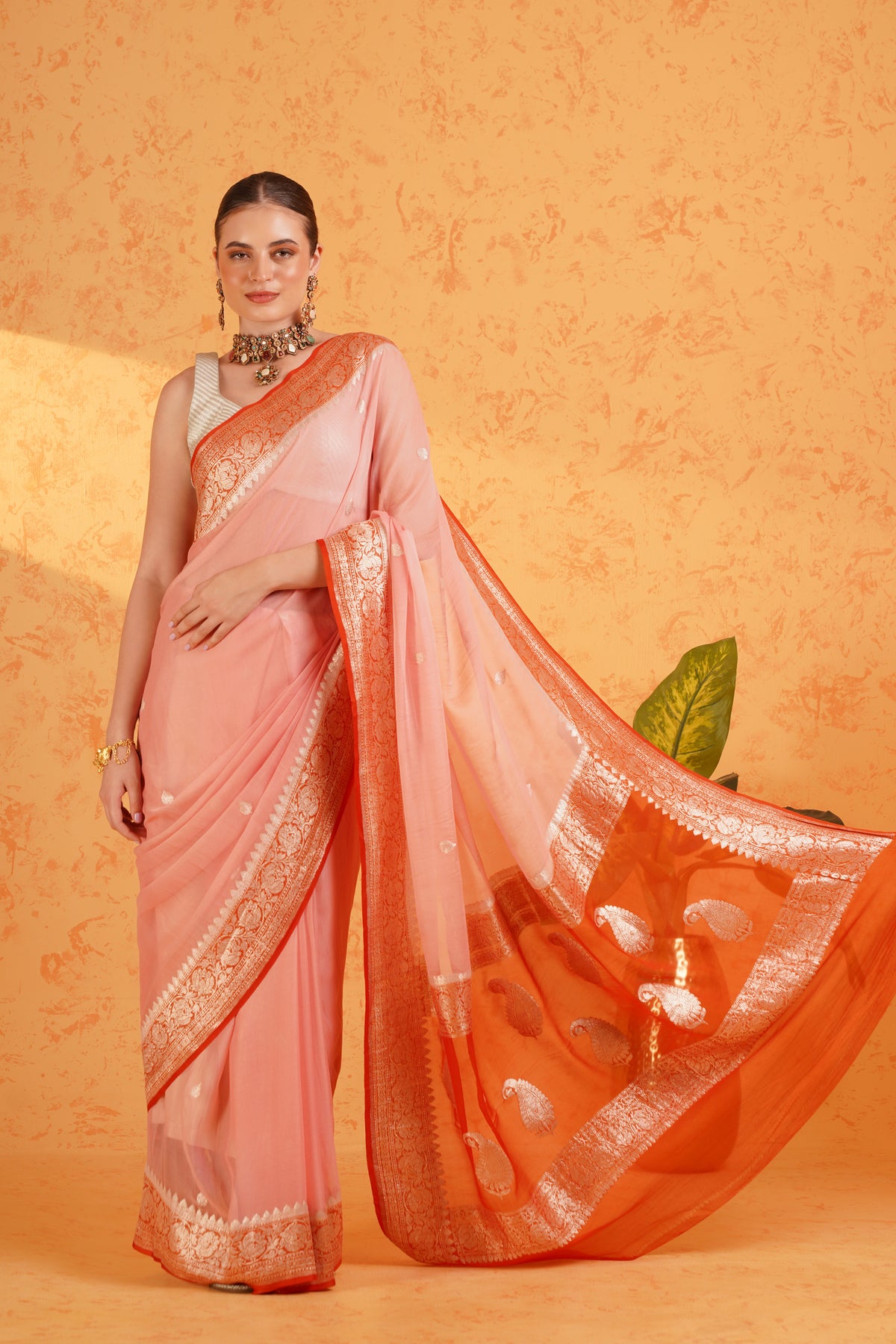Pure Khaddi Chiffon Peach Silver Zari Saree - Handwoven Banarasi Kadhua Chiffon with Silver Zari Border