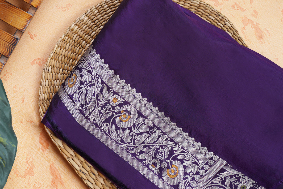 Pure Katan Silk Purple Jungla Meenakari Banarasi Saree – Handwoven Zari Floral Silk with Rich Brocade Pallu