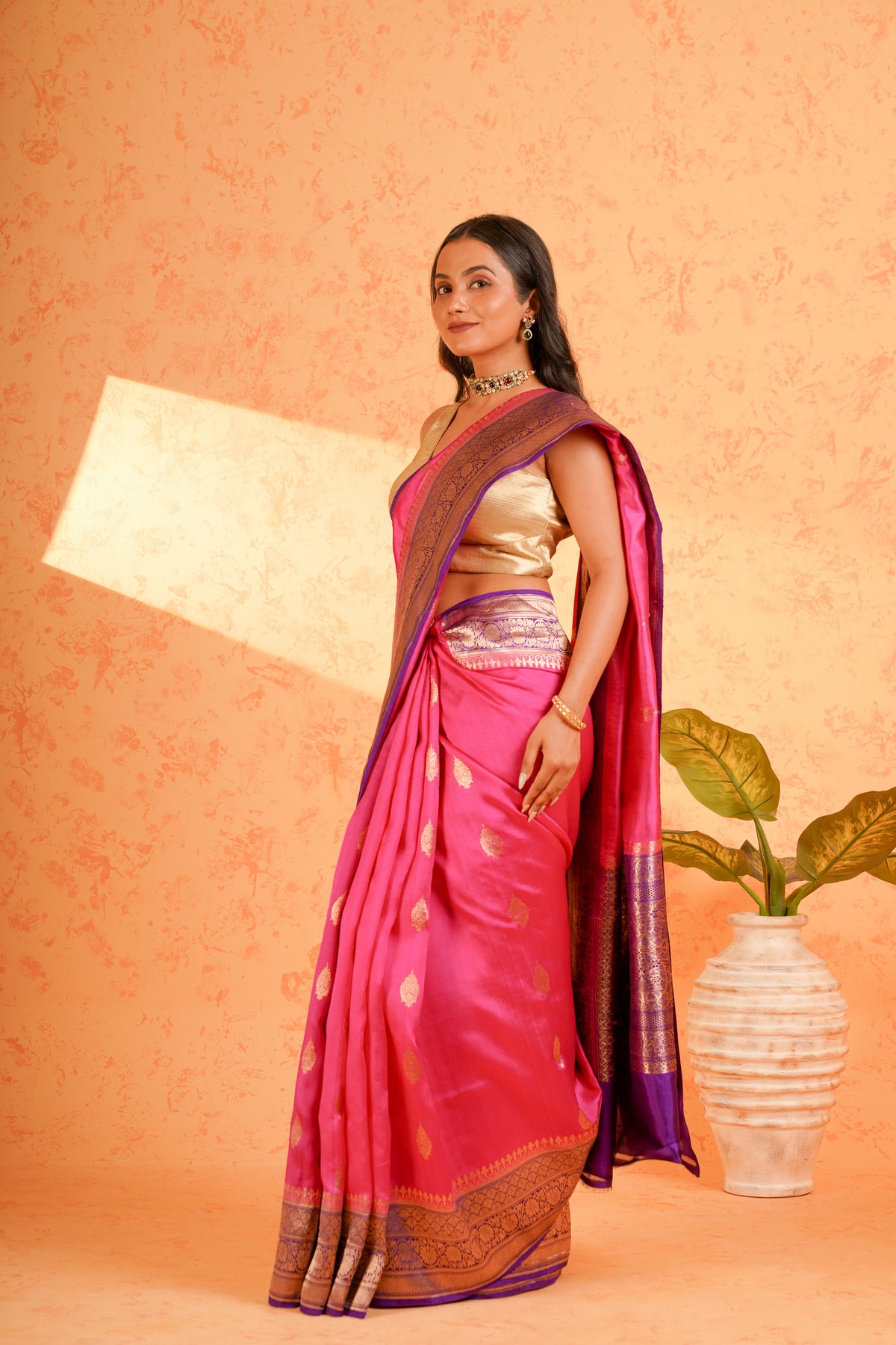 Pure handloom katan silk rani pink banarasi zari saree – handwoven kadhua booti silk with rich zari border
