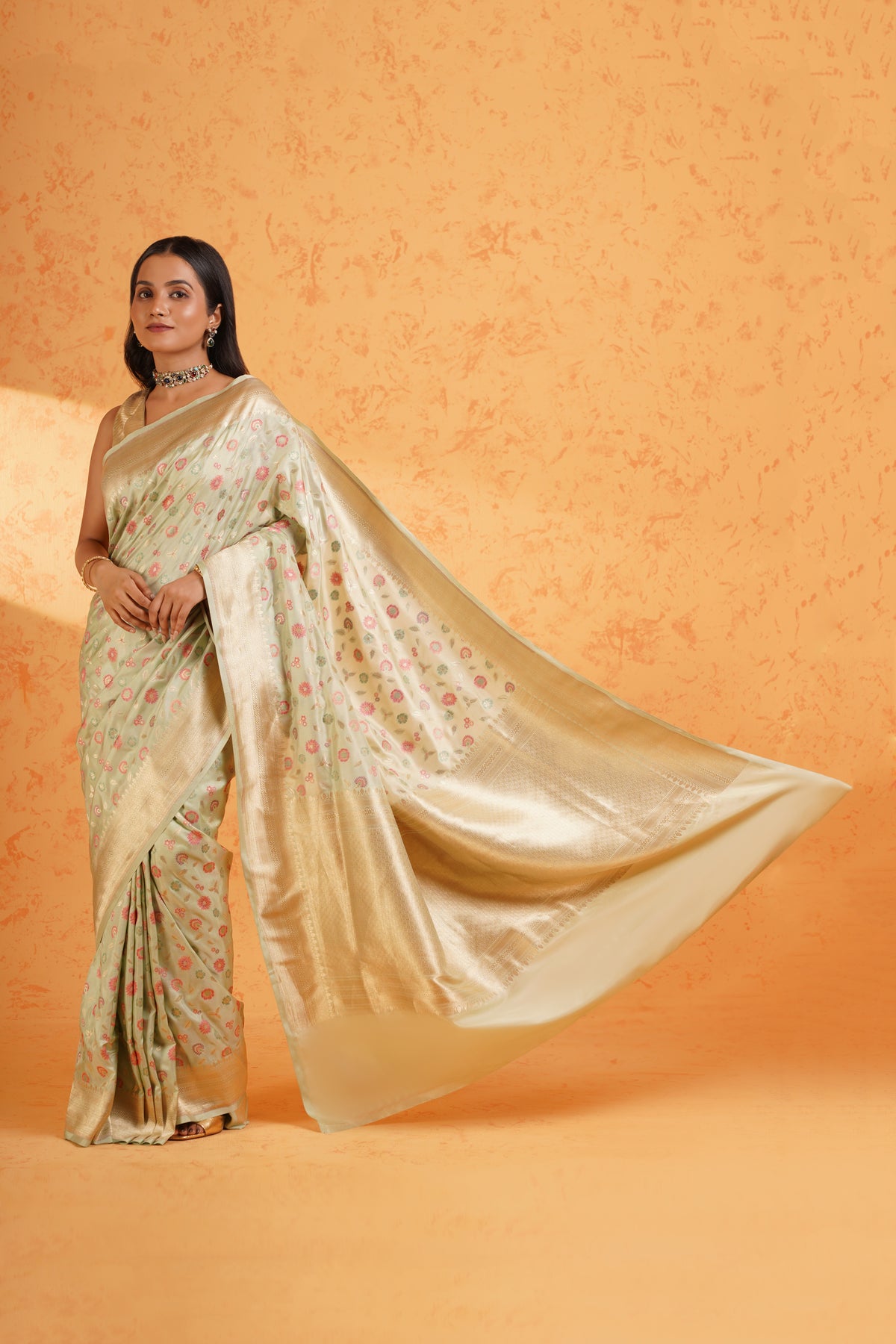 Pure Katan Silk Pista Green Meenakari Banarasi Saree – Handwoven Zari Jaal Silk with Rich Brocade Pallu