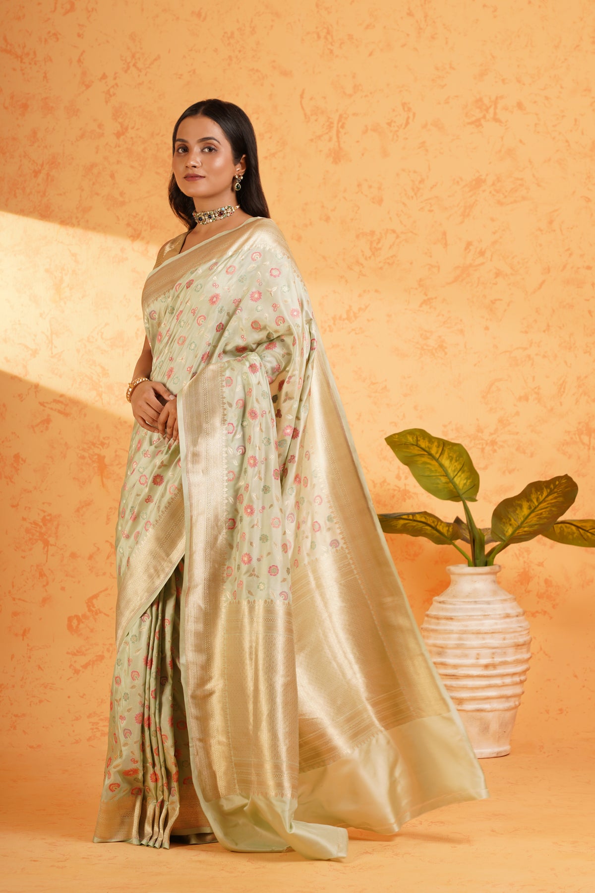 Pure Katan Silk Pista Green Meenakari Banarasi Saree – Handwoven Zari Jaal Silk with Rich Brocade Pallu