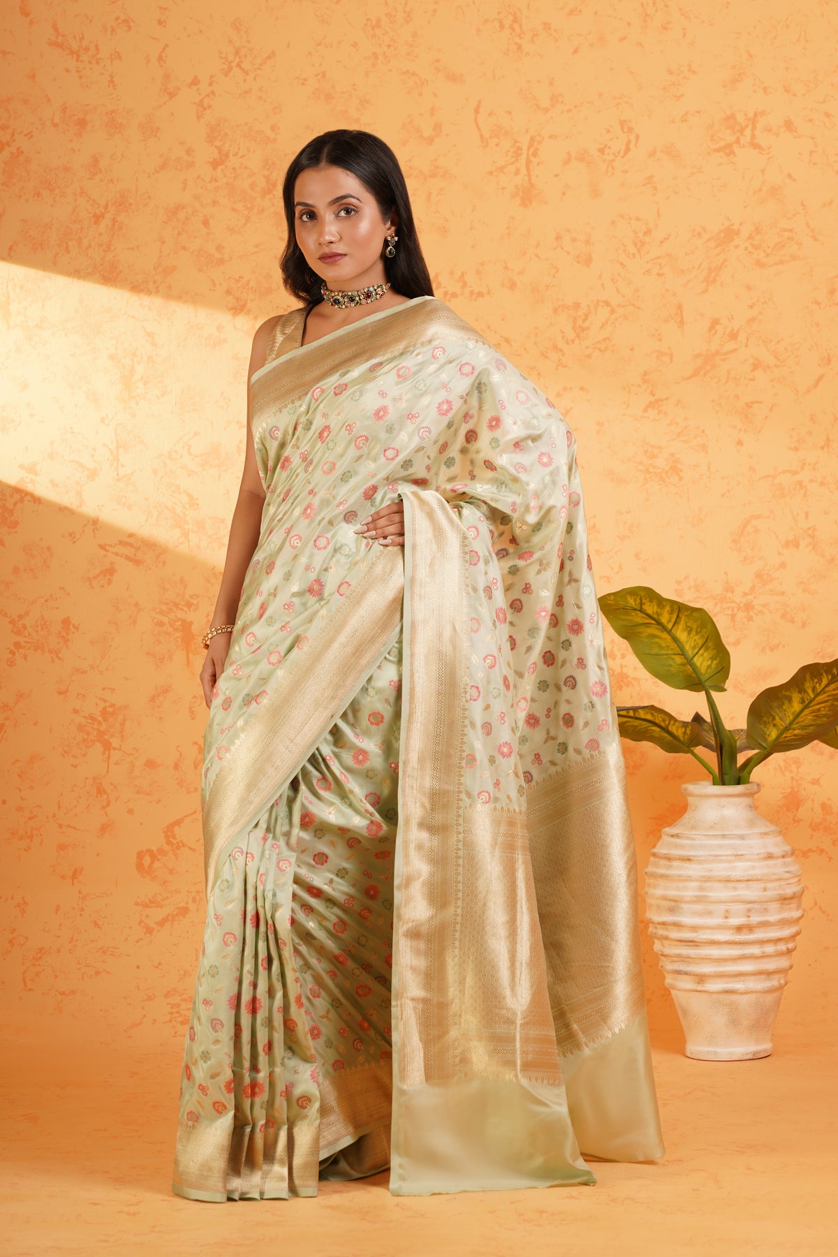Pure Katan Silk Pista Green Meenakari Banarasi Saree – Handwoven Zari Jaal Silk with Rich Brocade Pallu
