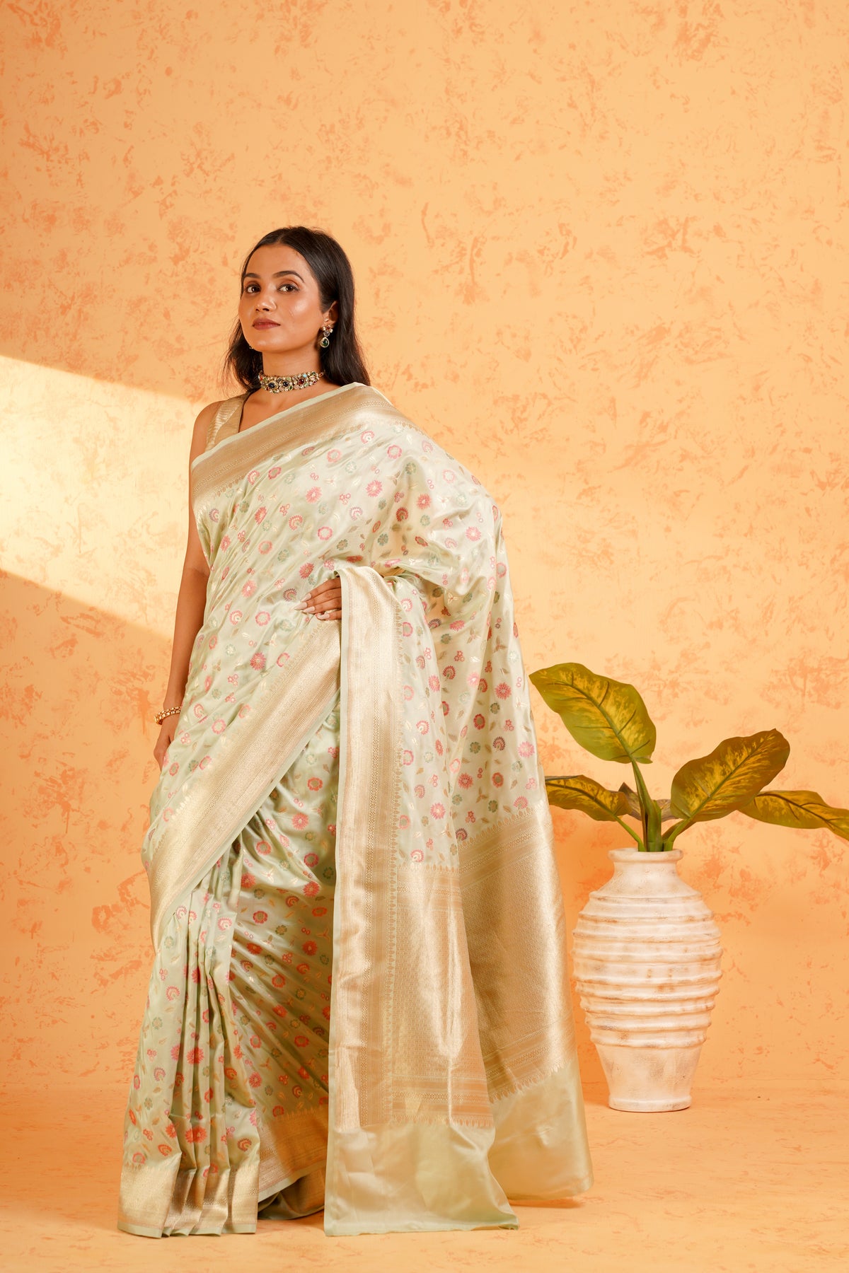 Pure Katan Silk Pista Green Meenakari Banarasi Saree – Handwoven Zari Jaal Silk with Rich Brocade Pallu