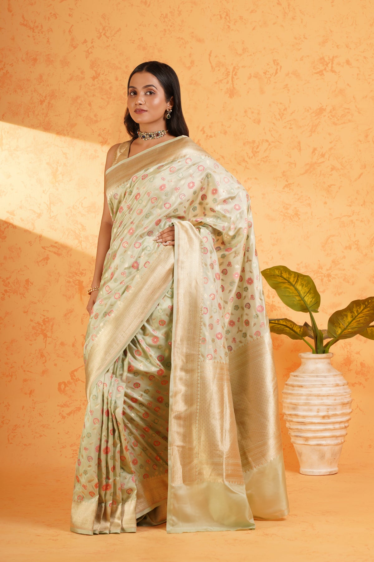 Pure Katan Silk Pista Green Meenakari Banarasi Saree – Handwoven Zari Jaal Silk with Rich Brocade Pallu
