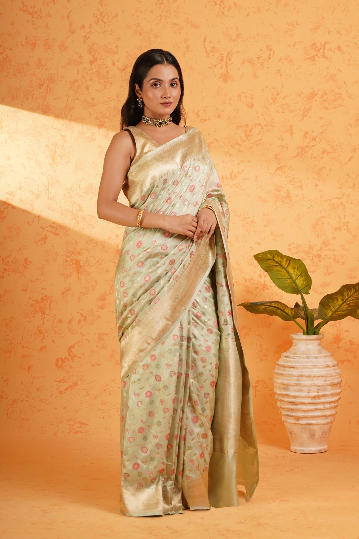 Pure Katan Silk Pista Green Meenakari Banarasi Saree – Handwoven Zari Jaal Silk with Rich Brocade Pallu