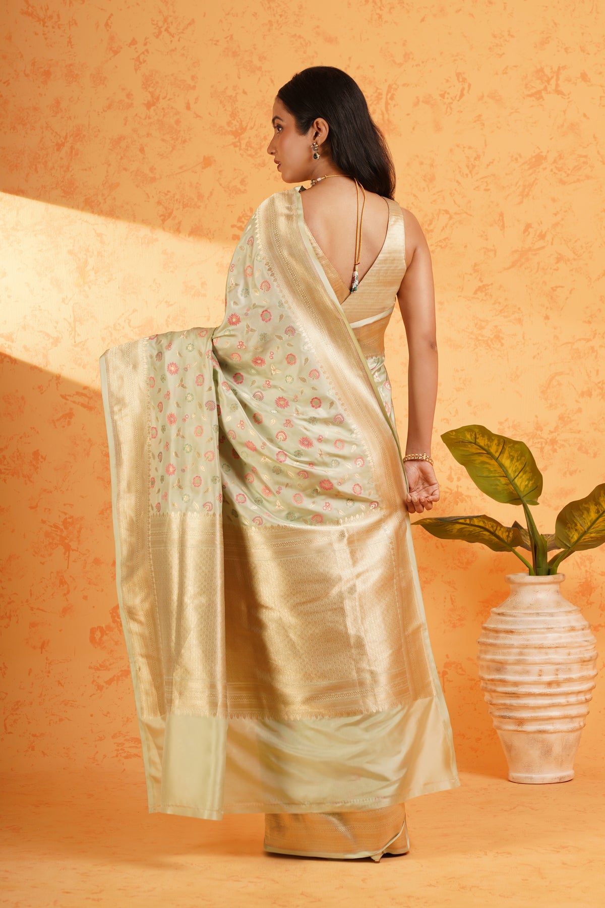 Pure Katan Silk Pista Green Meenakari Banarasi Saree – Handwoven Zari Jaal Silk with Rich Brocade Pallu