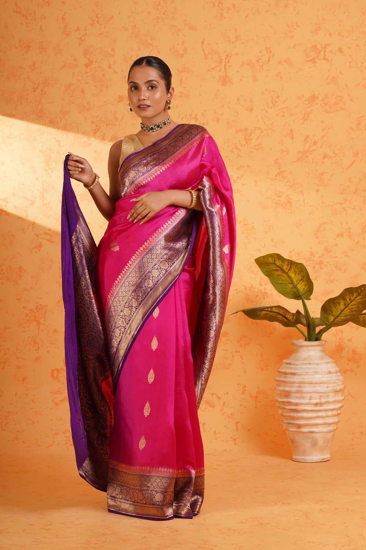 Pure handloom katan silk rani pink banarasi zari saree – handwoven kadhua booti silk with rich zari border