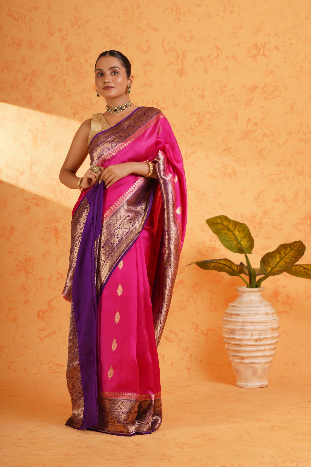 Pure handloom katan silk rani pink banarasi zari saree – handwoven kadhua booti silk with rich zari border
