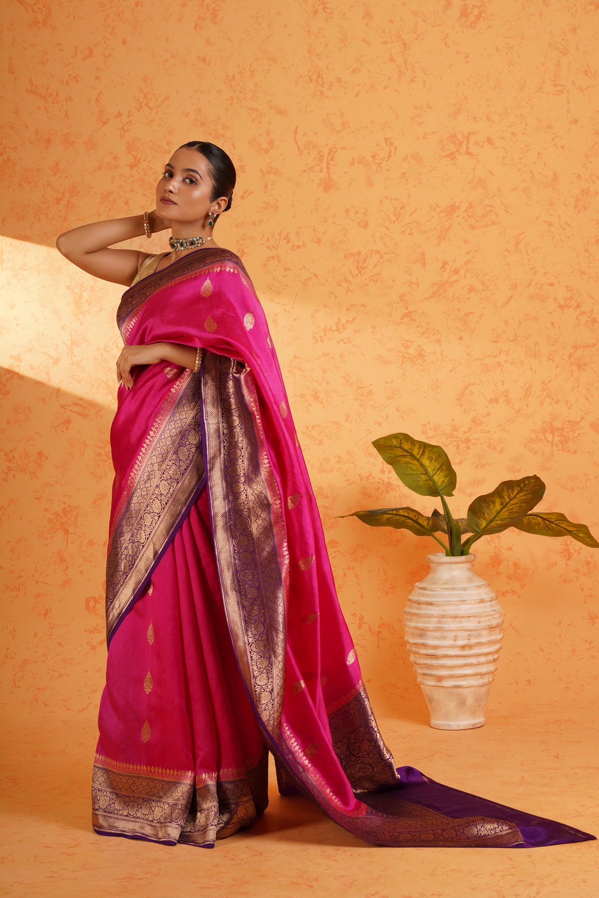 Pure handloom katan silk rani pink banarasi zari saree – handwoven kadhua booti silk with rich zari border