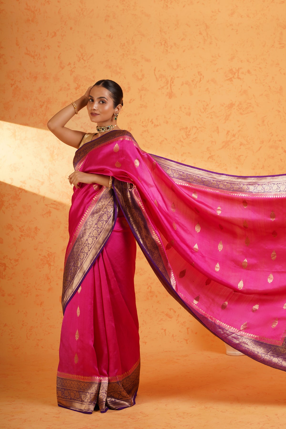 Pure handloom katan silk rani pink banarasi zari saree – handwoven kadhua booti silk with rich zari border
