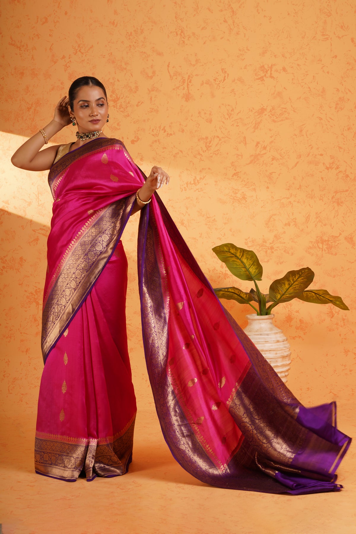 Pure handloom katan silk rani pink banarasi zari saree – handwoven kadhua booti silk with rich zari border