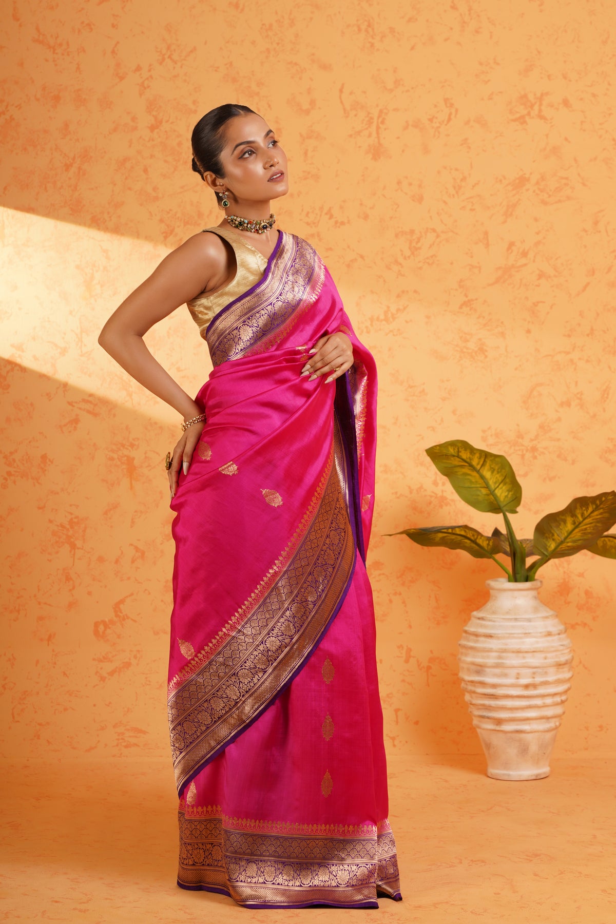 Pure handloom katan silk rani pink banarasi zari saree – handwoven kadhua booti silk with rich zari border
