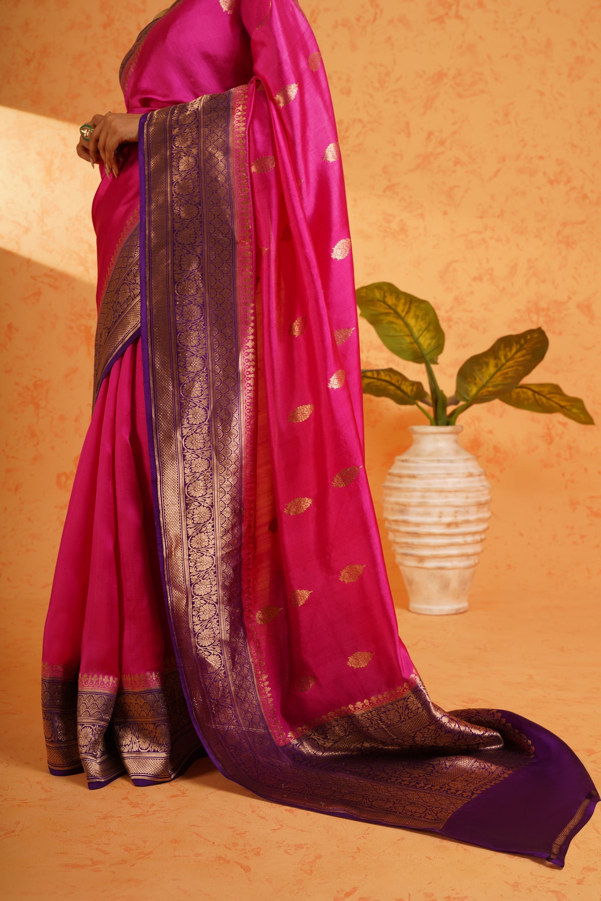Pure handloom katan silk rani pink banarasi zari saree – handwoven kadhua booti silk with rich zari border