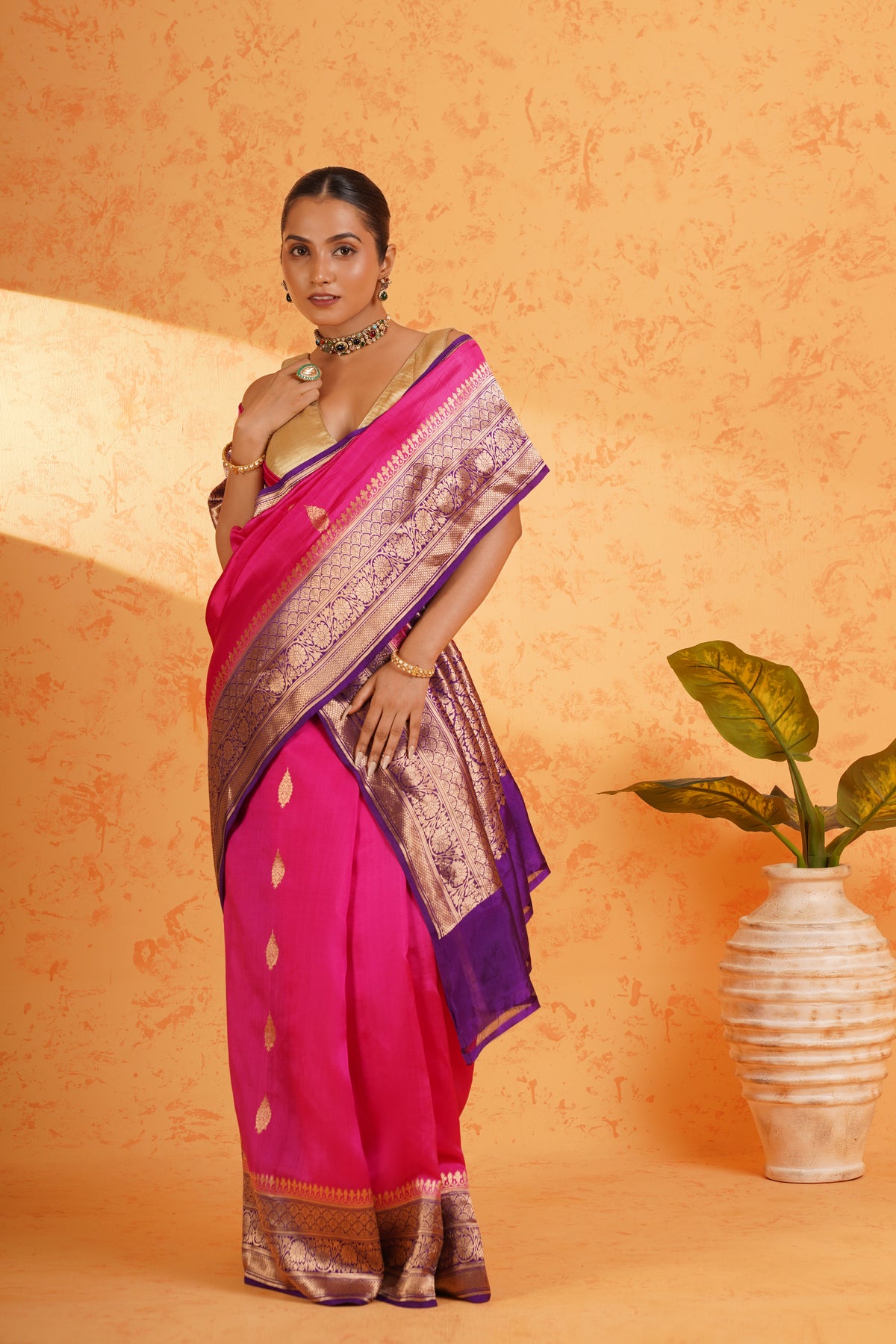 Pure handloom katan silk rani pink banarasi zari saree – handwoven kadhua booti silk with rich zari border
